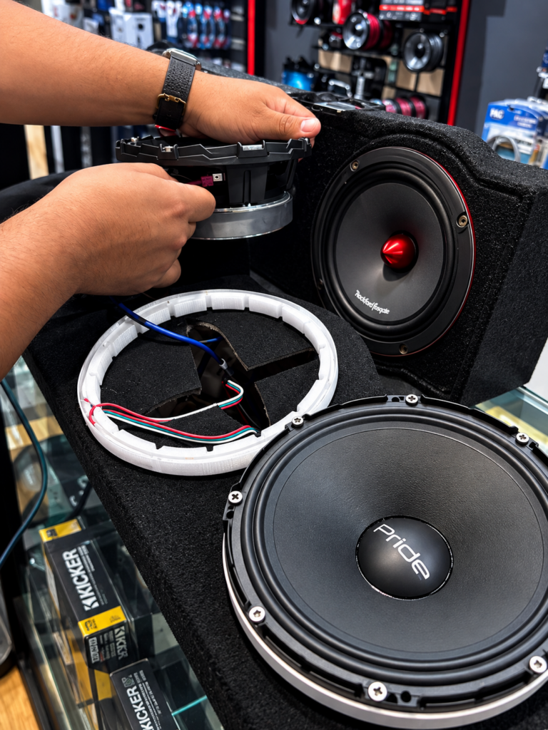 MTC PRO AUDIO technician upgrading car audio speakers for improved vehicle sound quality
