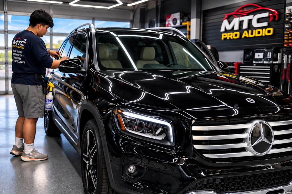 MTC PRO AUDIO technician performing professional window tint installation on a black Mercedes-Benz SUV